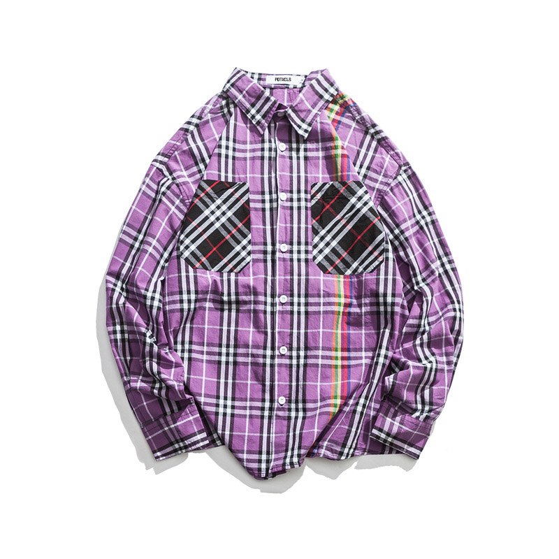 Mix Plaid Pocket Long Sleeve Button-ups