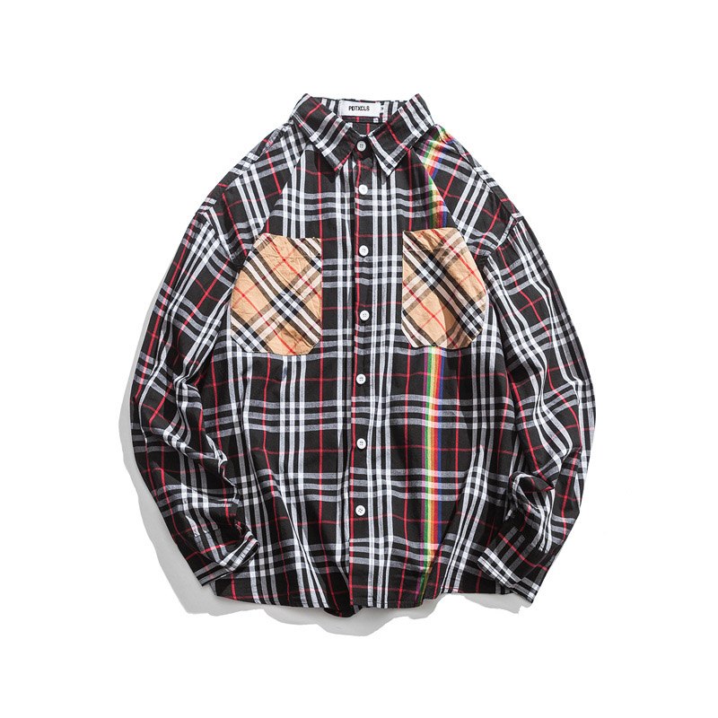 Mix Plaid Pocket Long Sleeve Button-ups