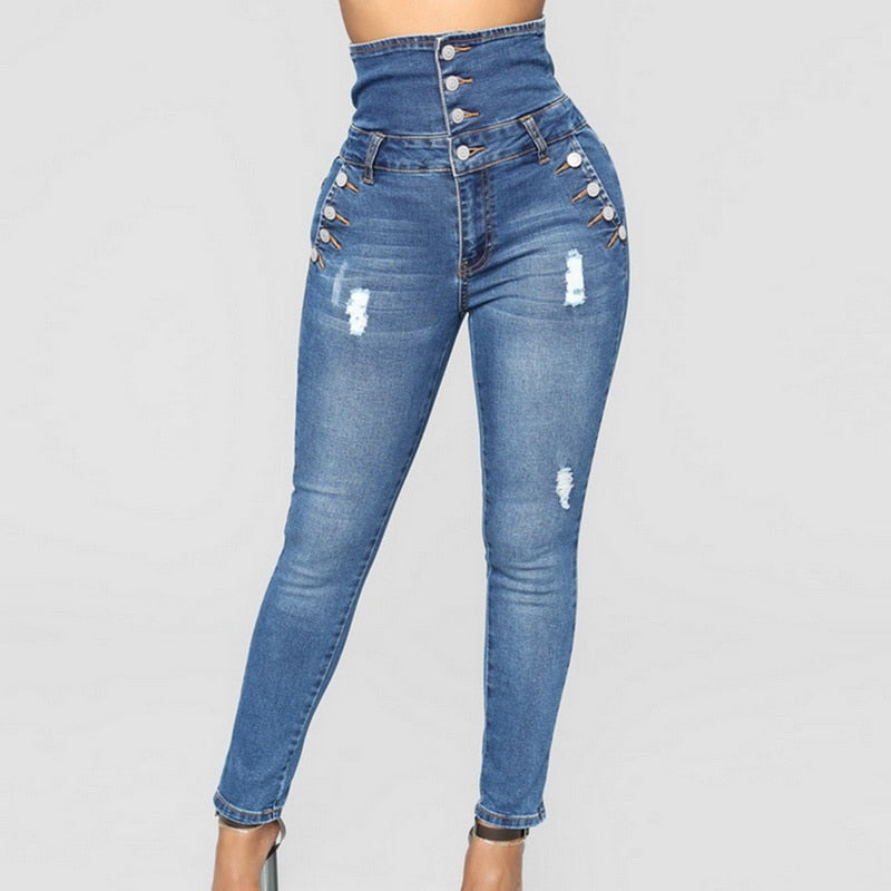 High Waist Button Skinny Pencil Jeans