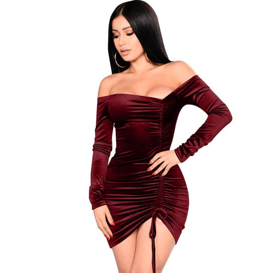 Velvet Asymmetrical Ruching Off Shoulder Sheath Mini Dresses
