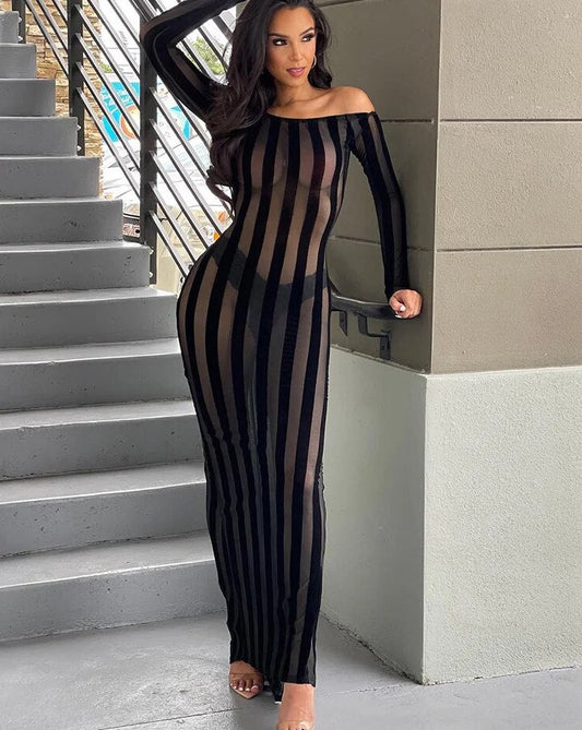 Mesh Striped Peach Buttocks Maxi Dress