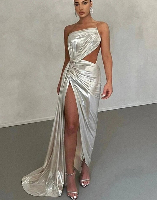 Silver One Shoulder Irregular Maxi Dress