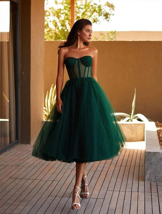 Sheer Corset Top Tea Length Dresses