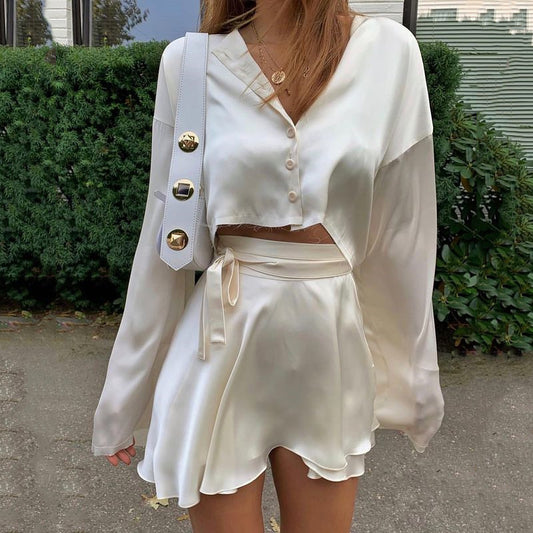 Lantern Sleeves Crop High Waist Mini Skirts Sets