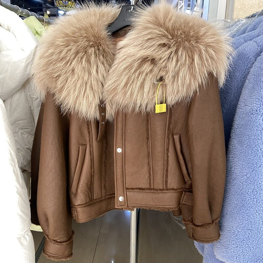 Genuine Leather Moto Jackets Big Fur Collar Shearling Lining