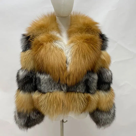 Two Tone Pattern Real Fur Coats Short