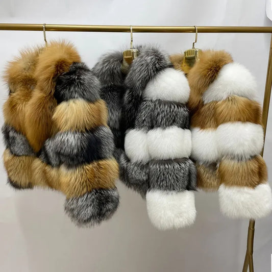 Two Tone Pattern Real Fur Coats Short