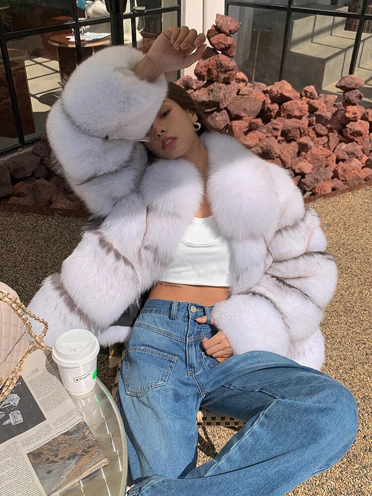 Striped White Real Fur Coats (8XL Sizes)