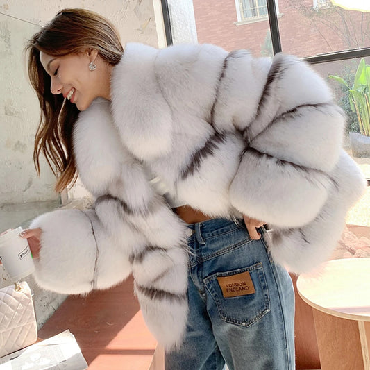 Striped White Real Fur Coats (8XL Sizes)