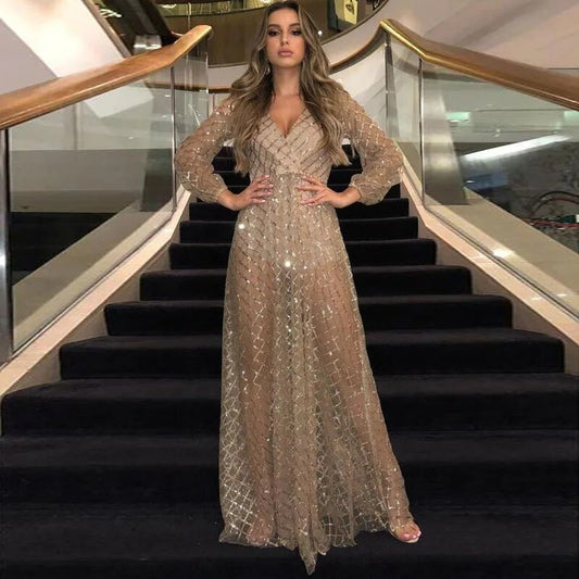 Sequins V-Neck Mesh Backless Maxi Dresses