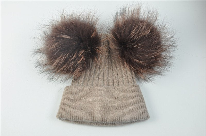 Real Fur Double Pom Pom Beanies (Multi-Colors)