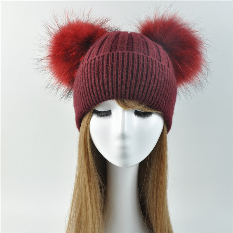 Real Fur Double Pom Pom Beanies (Multi-Colors)