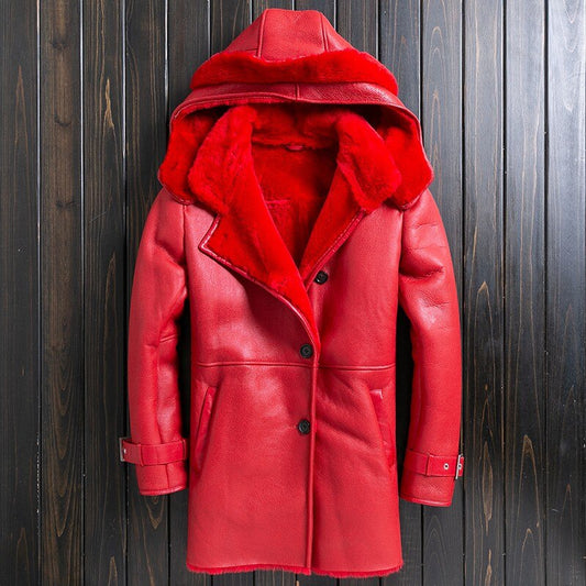 Genuine Leather Real Shearling Fur Hooded Long Coats