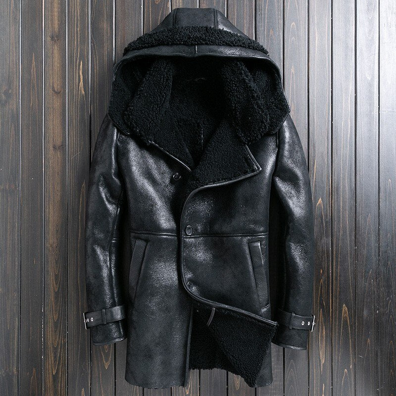 Genuine Leather Real Shearling Fur Hooded Long Coats