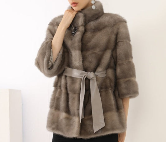 Mink Three Quarter Sleeve Coat With Belt