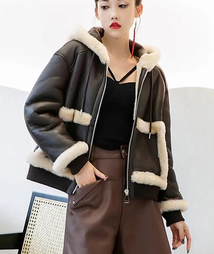 Genuine Leather Coats Hooded Real Shearling Fur