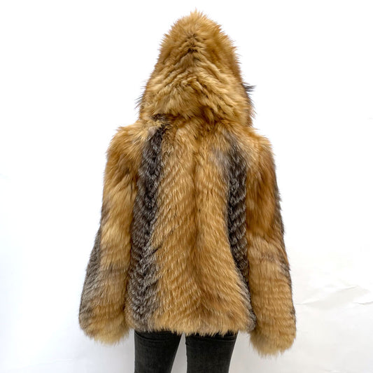 Striped Real Natural Fur Hooded Fur Coats