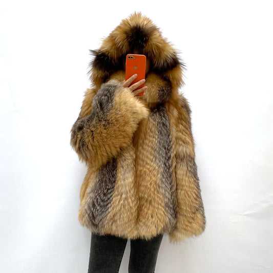 Striped Real Natural Fur Hooded Fur Coats