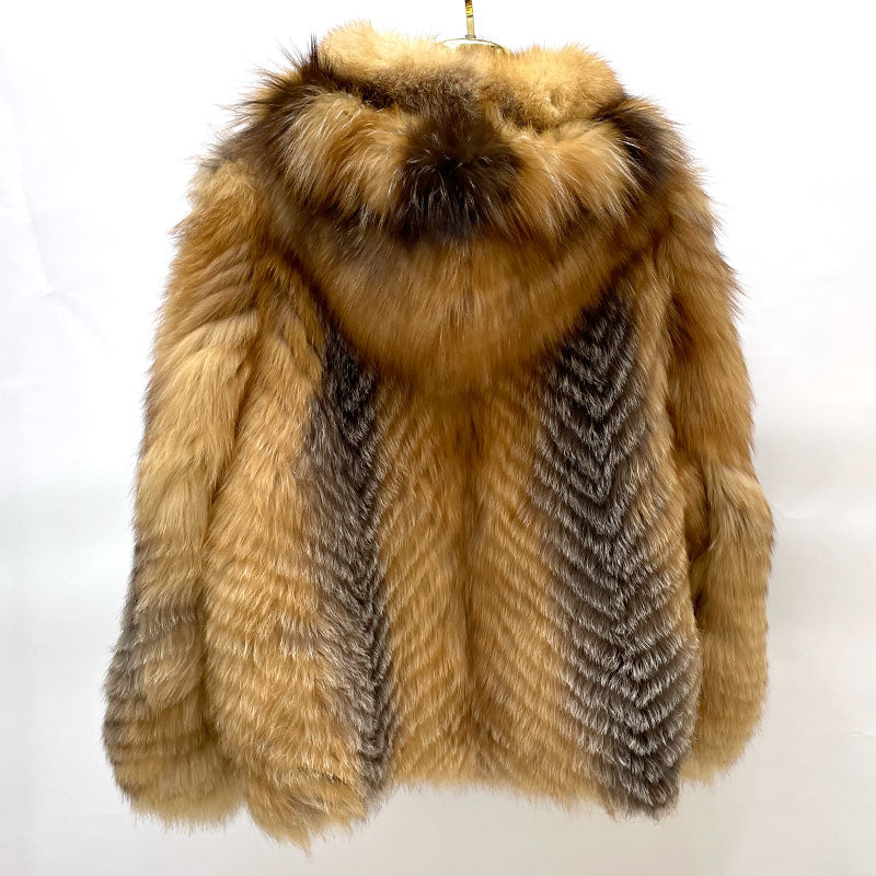 Striped Real Natural Fur Hooded Fur Coats