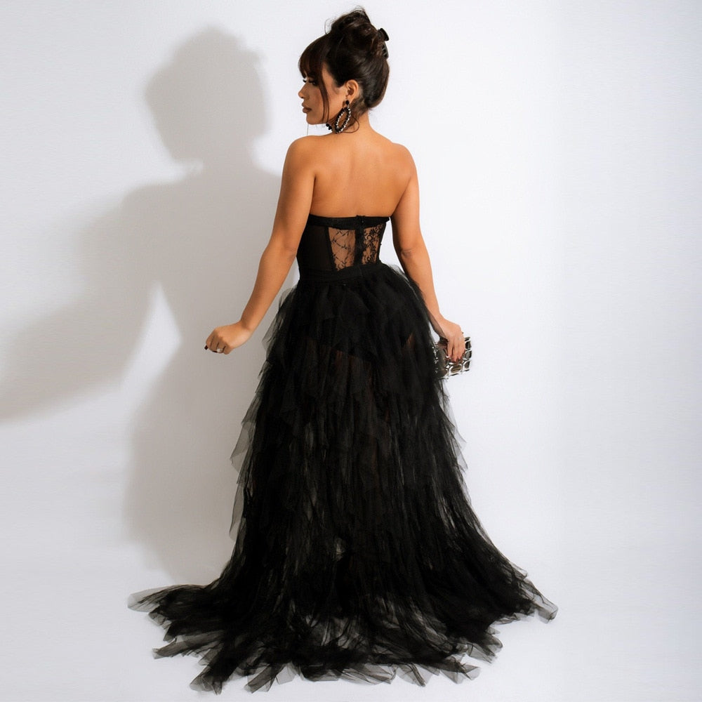 Lace Mesh Corset Maxi Dresses