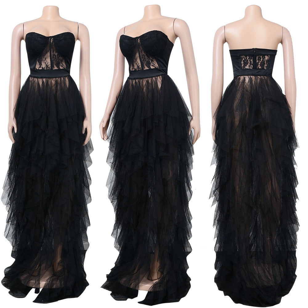 Lace Mesh Corset Maxi Dresses