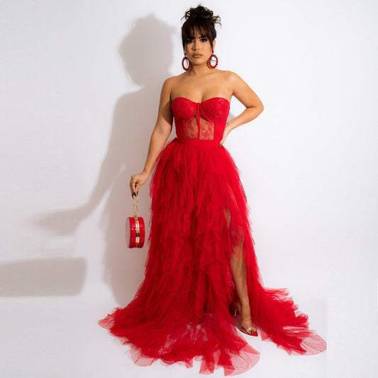 Lace Mesh Corset Maxi Dresses