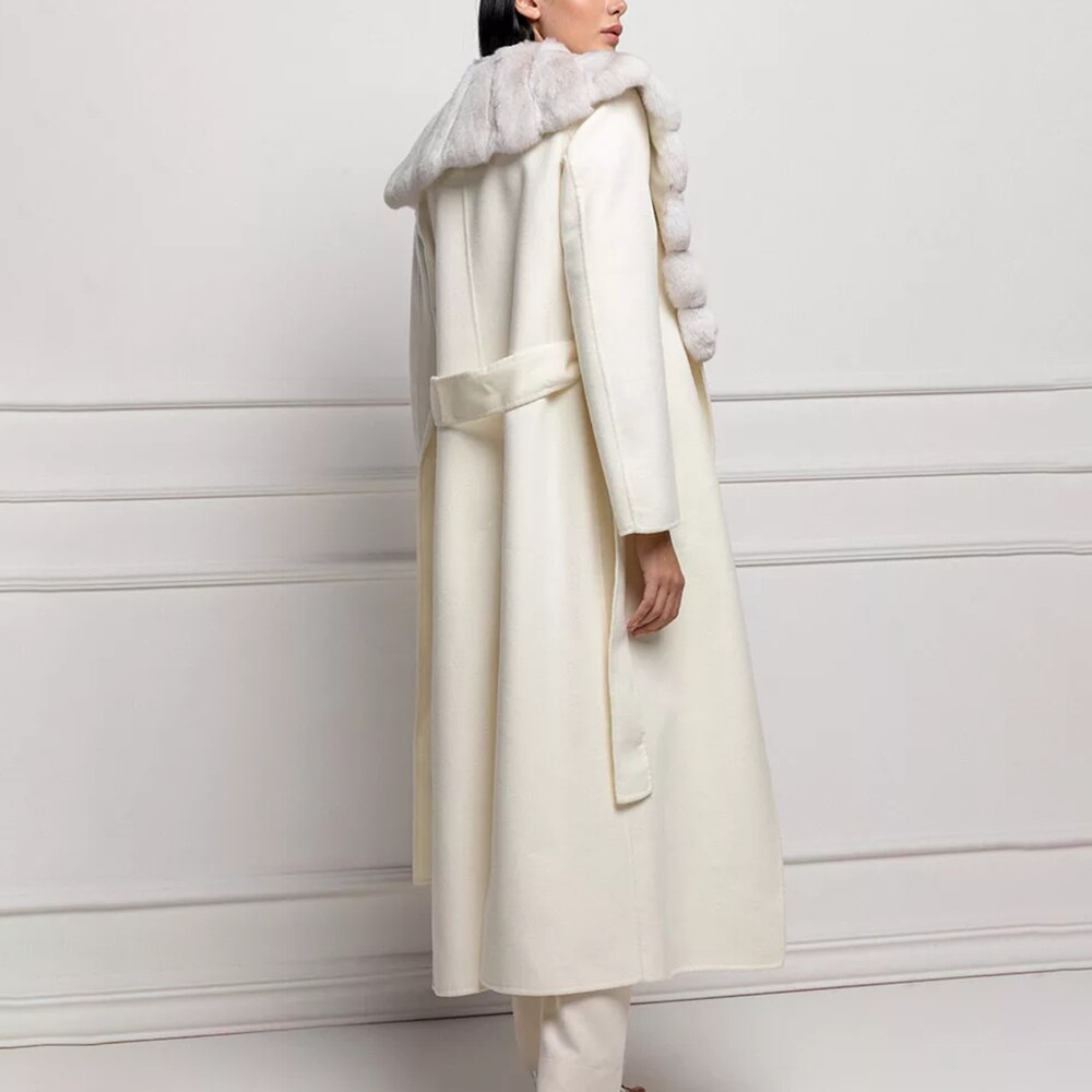 White Rex Rabbit Fur Collar Cashmere Long Coats