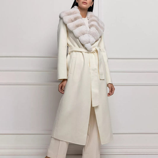 White Rex Rabbit Fur Collar Cashmere Long Coats