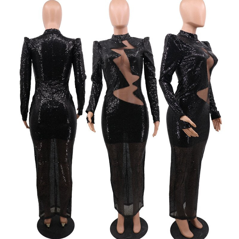 Black Sequin See Through Zig Zag Cut Maxi Bodycon Dress