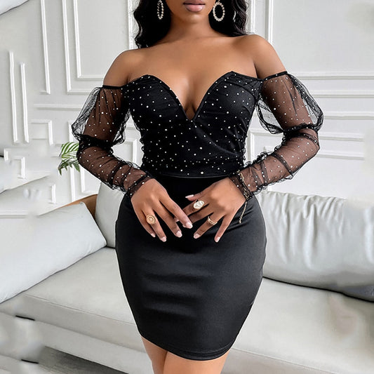 Off Shoulder Puff Mesh Mini Dress