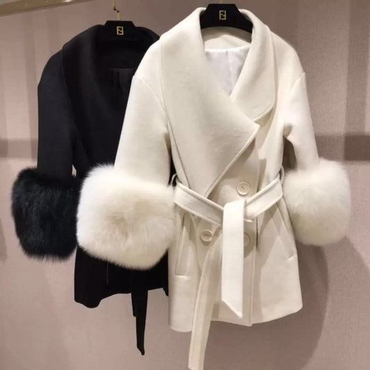 Double Faced Wool Cashmere Real Fox Fur Cuffs Coats