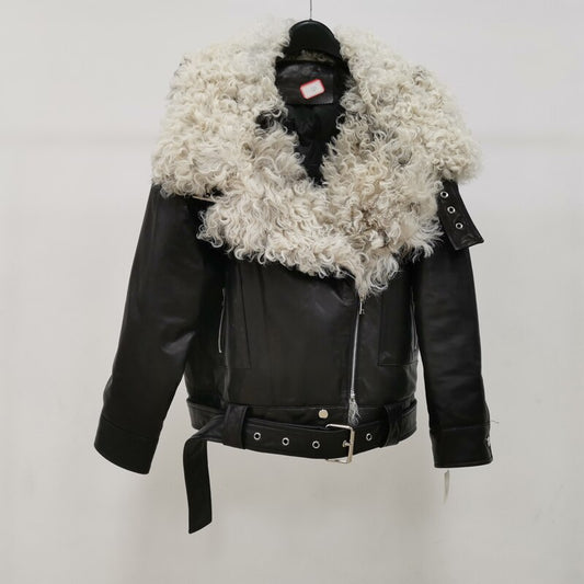 Genuine Leather Moto Jacket Curly Shearling Collar Duck Down Lining