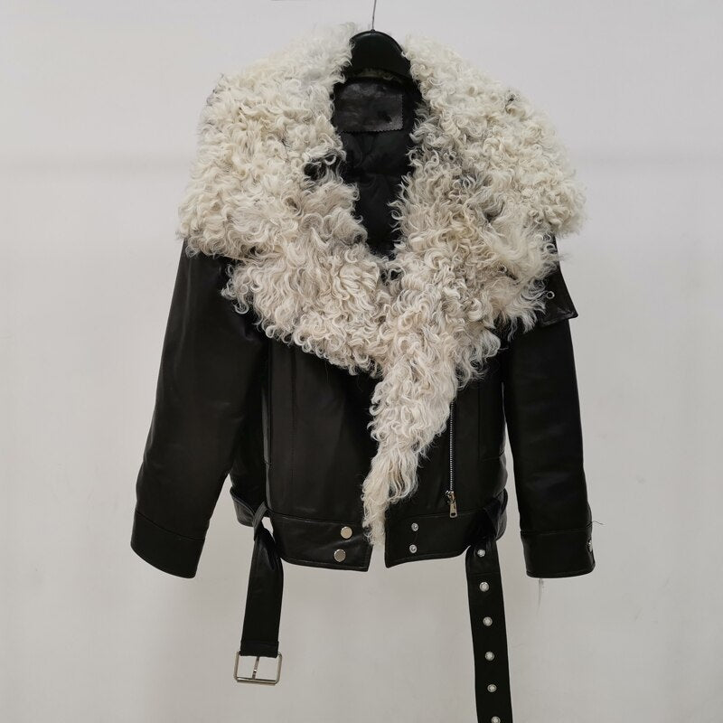 Genuine Leather Moto Jacket Curly Shearling Collar Duck Down Lining