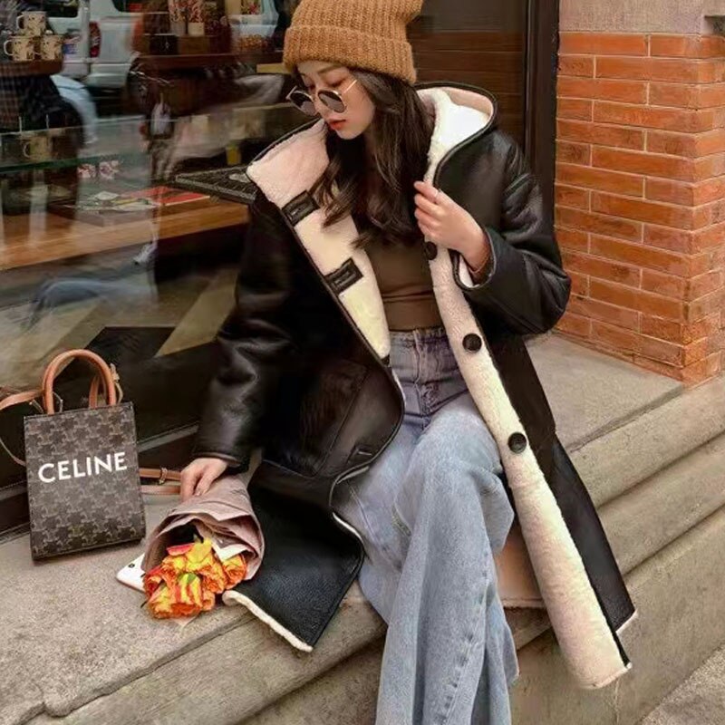 Reviersal Sheep Fur Hooded Genuine Leather Slim Long Coat