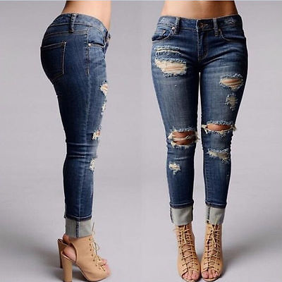 High Waist Destroyed Ripped Distressed Cuff Slim Jeans