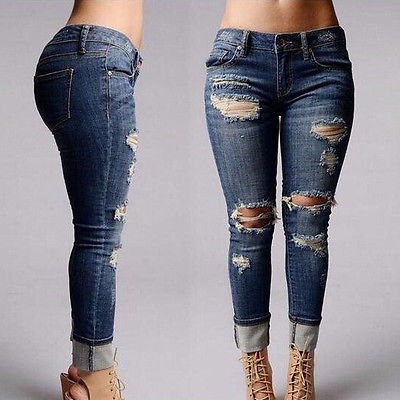 High Waist Destroyed Ripped Distressed Cuff Slim Jeans