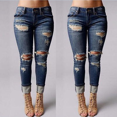 High Waist Destroyed Ripped Distressed Cuff Slim Jeans