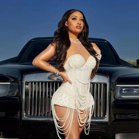 Pearls Beaded Sleeveless Bodysuit/Mini Dress