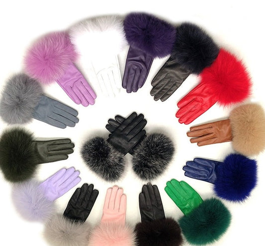 Genuine Leather Gloves Fur Cuffs Women