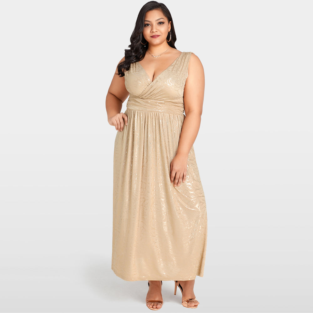 Gold Floral Deep V Neck Wrap Maxi Dress (Plus Size)