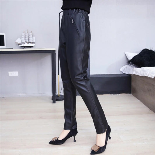 Genuine Leather Pants Harem Elastic Waist Spring