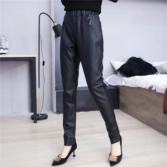 Genuine Leather Pants Harem Elastic Waist Spring