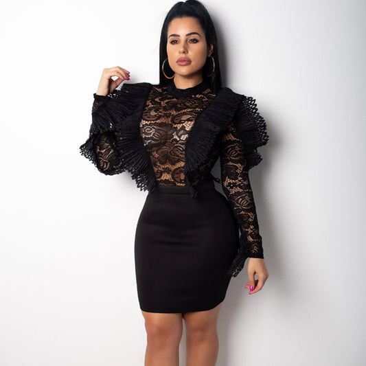 Black Long Sleeve Lace Hollow Bodycon Dresses