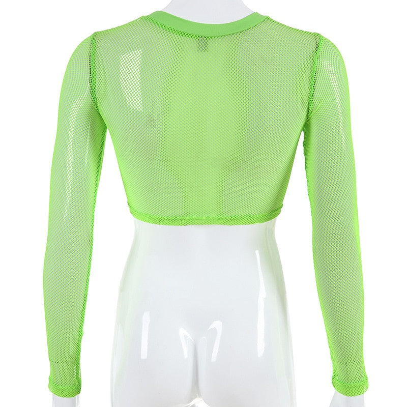 Neon Mesh Long Sleeve Crop Top And Mini Skirt