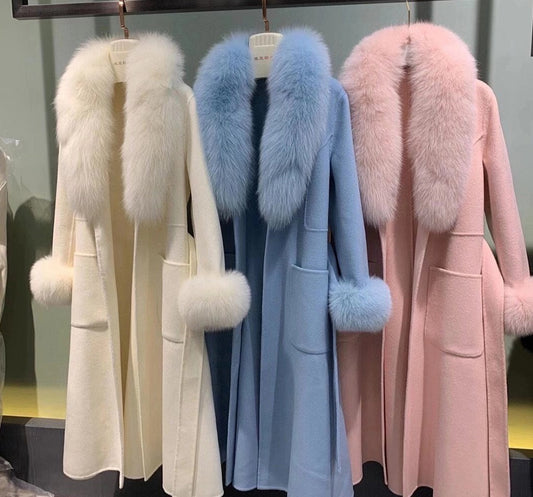 Real Fur Collar Long Pea Coats