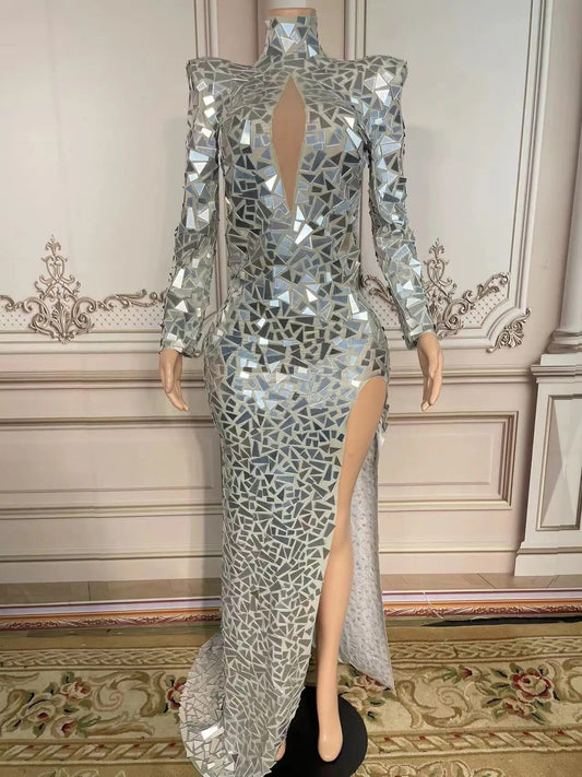 Mirror Mesh Hollow Chest Long Split Dresses