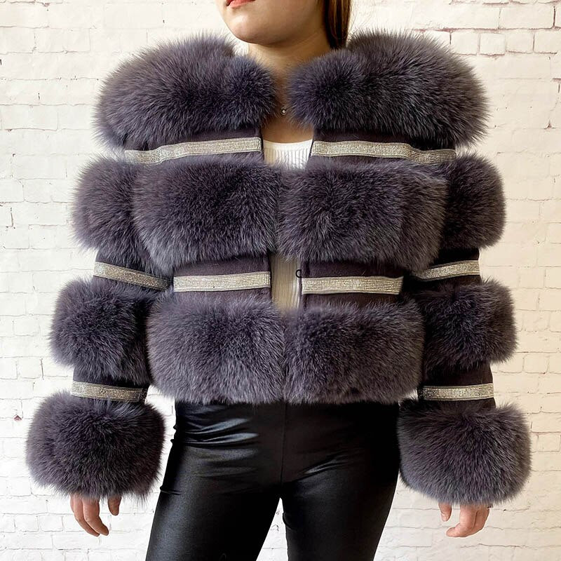 Real Fox Fur Crystal Diamond Jackets