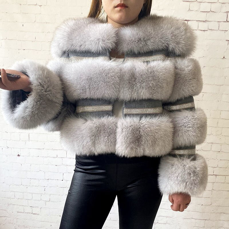 Real Fox Fur Crystal Diamond Jackets