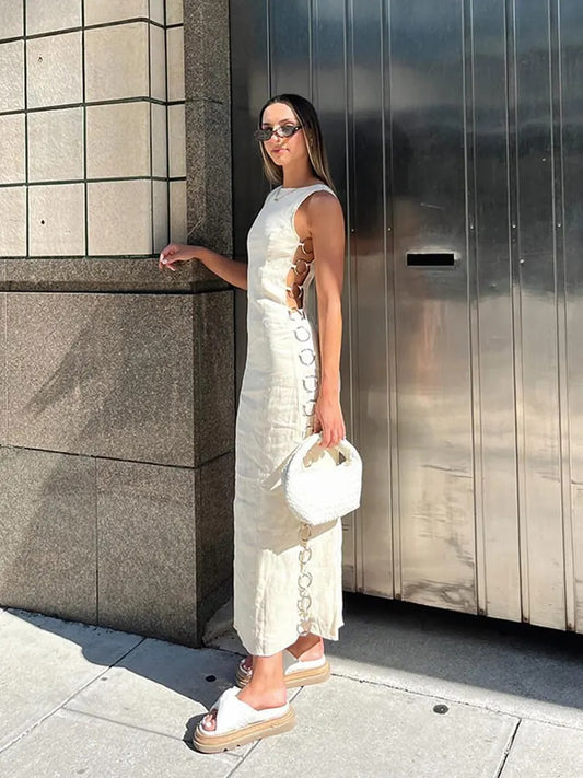 Ring Hollow Side Sleeveless Long Dress