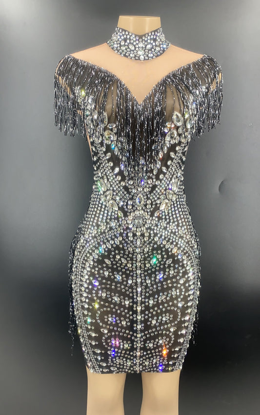 Rhinestone Tassel Mesh Mini Dresses